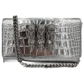Klapp-Clutch Kleine Kalbsleder 2-Wege Krokodilprägung Silber - Philipp Plein
