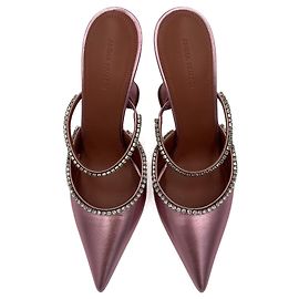 Amina Muaddi Gilda Crystal Strims Leder High Heel Mule 40 Metallische Roségoldtöne