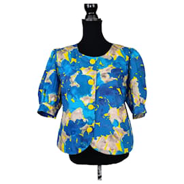 Gelbe und blaue Bluse von Pierre Balmain mit abstraktem Blumenmuster