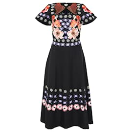 Temperley London florales besticktes Kleid aus schwarzer Baumwolle