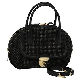 Borsa a mano in pelle Salvatore Ferragamo 2 vie nera e oro Auth MX189