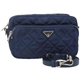 PRADA Borsa a Spalla Trapuntata in Nylon Blu Argento Auth KD263