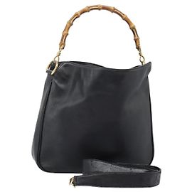 Bolso de Hombro de Cuero GUCCI Bamboo 2way Negro Oro 001 3754 1577 Auth 116022