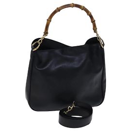 Borsa a mano in pelle GUCCI Bamboo 2 vie nera oro 001 0166 1638 Auth 116782