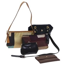 BALLY Borsa a Spalla Tela Pelle 5Set Beige Marrone Blu Marino Auth bs24168