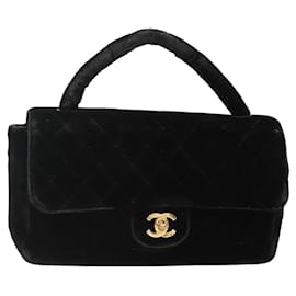 CHANEL Matelassé Handtasche Velours Schwarz Gold CC Auth MX239