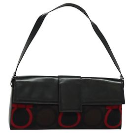 Salvatore Ferragamo Gancini Bag Canvas Leather Black Silver Auth bs24330