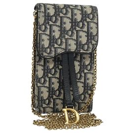 Borsa a spalla in tela Christian Dior Oblique Chain Trotter blu navy Auth MX012