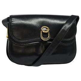 Bolso de Hombro GUCCI de Cuero Negro Dorado Auth ep8582