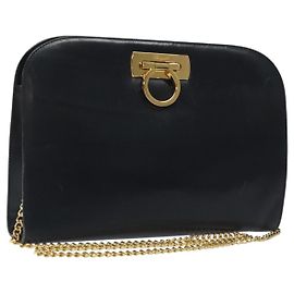Salvatore Ferragamo Gancini Chain Schultertasche aus Leder, marineblau und gold, authentisch 118367