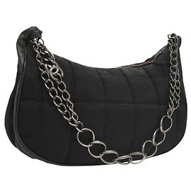 CHANEL Borsa a Spalla Choco Bar con Catena Nylon Nero Argento CC Auth 118385