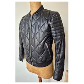 Chaqueta acolchada/bomber, cuero negro, talla 2, SANDRO - Sandro