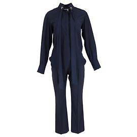 Chloé Set di blusa con collo a cravatta e pantaloni in viscosa blu navy
