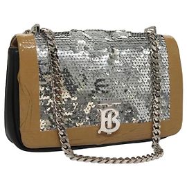 Borsa a spalla in pelle con paillettes Burberry argento Auth BA1535
