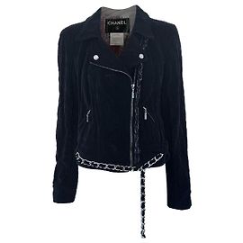 Chanel Seltene schwarze Samt-Bikerjacke mit Besatz 40 FR