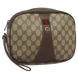GUCCI GG Supreme Web Sherry Line Borsa PVC Beige Oro 156 01 034 Auth BA1389
