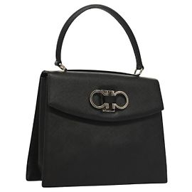 Borsa a mano in pelle nera e argento Gancini di Salvatore Ferragamo Auth 117589