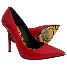 VERSACE Hibiscus Barocco sole dorata rosso pelle verniciata tacco Medusa EU 37.5 - Versace