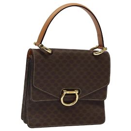Céline Bolso de mano de lona Macadam CELINE en cuero PVC marrón dorado Auth yk17887
