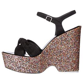 Sandali con zeppa Saint Laurent Suede Nero e Glitter Multicolore