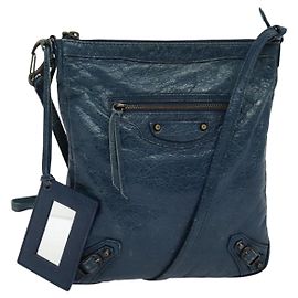 Borsa a spalla piatta classica in pelle blu BALENCIAGA Auth bs24746