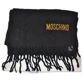 Sciarpa Moschino in lana nera con logo giallo