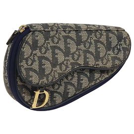 Pochete em lona Trotter Christian Dior azul marinho dourado Auth 120108