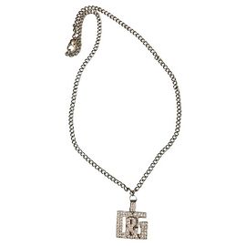 DOLCE & GABBANA collana acciaio argento con con pendente logo swarovski