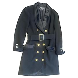 Chanel Vestido Abrigo Negro de Seda y Lana Talla 42