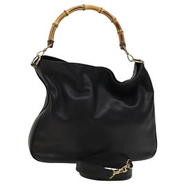 Borsa a mano in pelle GUCCI Bamboo 2 vie nera oro 001 1781 1577 Auth ac3788