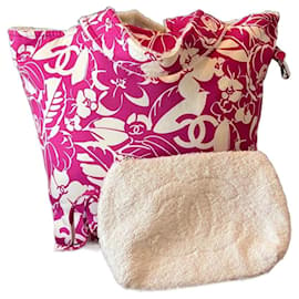 Borsa Chanel Coco Beach 2021 reversibile rosa in cotone con pochette
