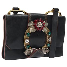 Bolso de Hombro Miu Miu de Cuero Negro Dorado Auth 120386