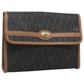 Pochette in tela a nido d'ape Christian Dior in PVC pelle nera e oro Auth ac3813