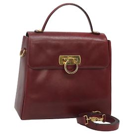 Borsa a mano in pelle Salvatore Ferragamo 2 vie Bordeaux Oro Auth hk2490
