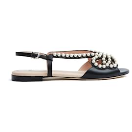 Fendi Perlen Sandalen FR38 Schwarzes Leder Elegante Perlen Flachsandalen UK5 US7.5 Neu