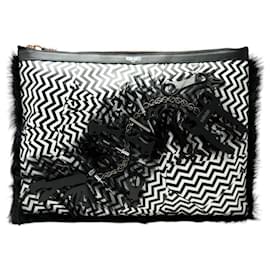 NUOVA CLUTCH BAG KENZO A CHEVRON ZIG ZAG IN PELLE NERA E BIANCA CON PELUCHE - Kenzo