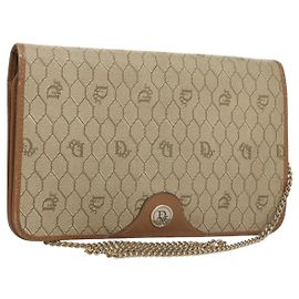 Borsa a spalla in tela a nido d'ape Christian Dior con catena in pelle PVC beige Auth sw505