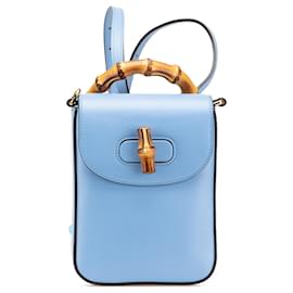 Borsa mini in pelle di vitello blu con manico in bambù Gucci