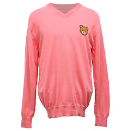 Maglione V-Neck in Cotone Rosa con Orso Moschino Couture