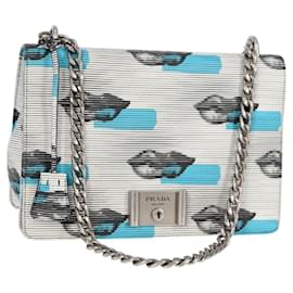 PRADA Borsa a Spalla con Catena in Pelle Blu Argento Auth KD283M