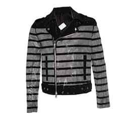 Giacca da biker a righe con strass Balmain