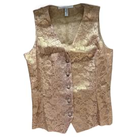 Gilet da Costume Chanel Pizzo Strass Dorato Arancione Rame