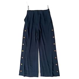 Chanel Navy Blue Silk Pants with Gold CC Buttons