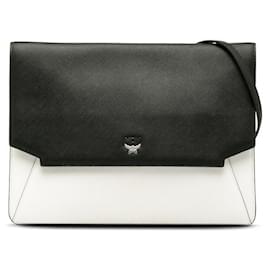 Borsa a spalla piatta in pelle MCM nera e bianca