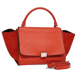 Céline CELINE Trapeze Medium Borsa a Mano Pelle Suede 2in1 Rossa Argento Auth gh084