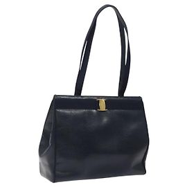 Borsa tote in pelle stampata Salvatore Ferragamo blu navy oro Auth gh069