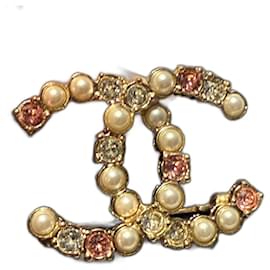 Spilla Chanel CC dorata perle & strass rosa - Autentica