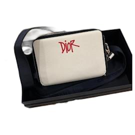 Pochette a doppia zip in pelle di vitello grana bianca Dior x Shawn Stussy