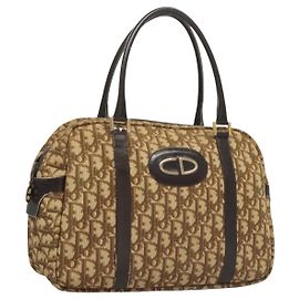 Bolsa de mão em lona Trotter Christian Dior marrom ouro Auth 120616