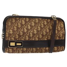 Borsa a spalla in tela Trotter Christian Dior marrone oro Auth 124989
